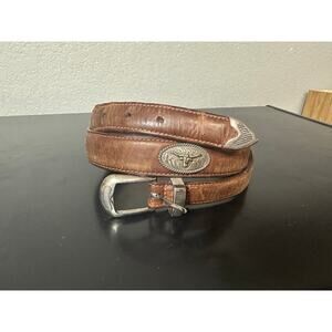 Brown Leather Western Texas Silver Longhorn Belt Men Large Cowboy Measurements